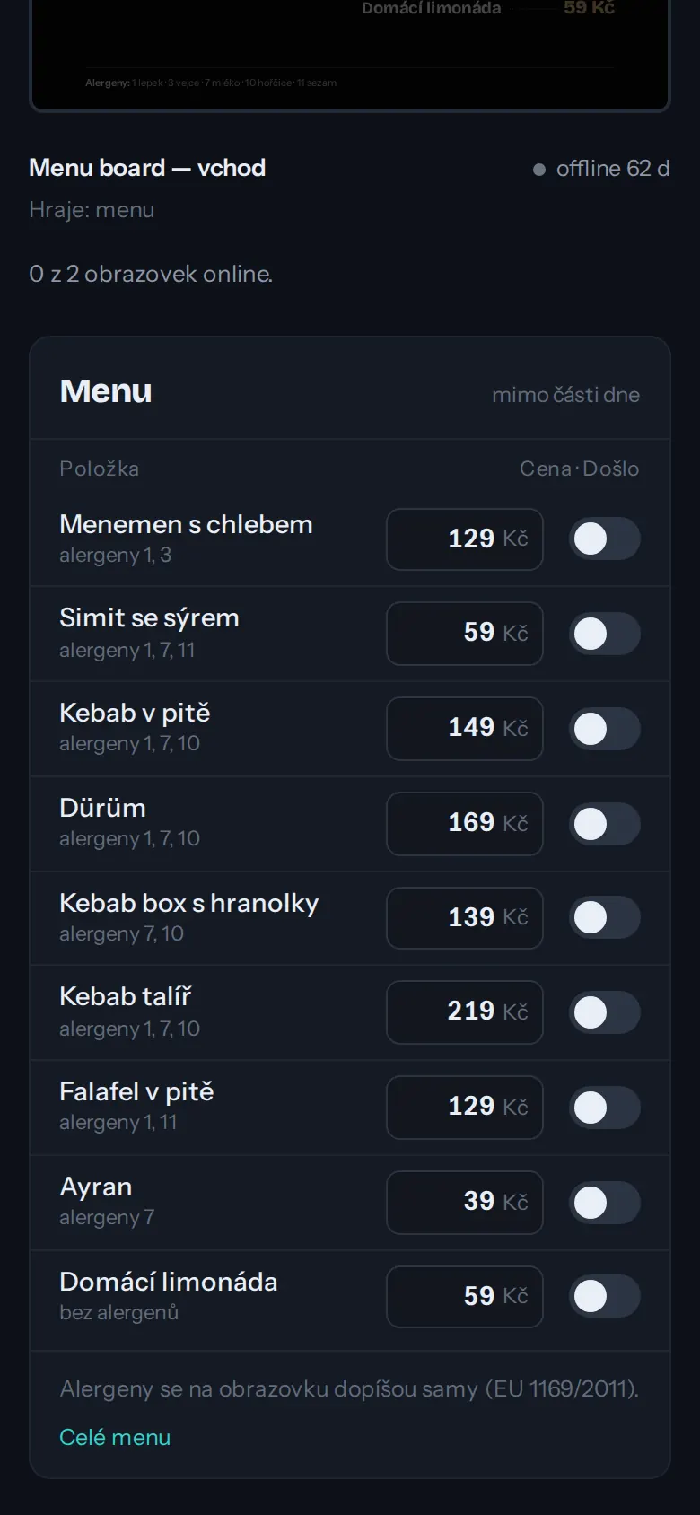 Pult administrace v telefonu: seznam položek menu s alergeny, polem pro cenu a přepínačem Došlo.